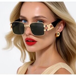 Rectangle Sunglasses Gold Frame Sophisticated Women Fashion Aviator UV400 Lentes
